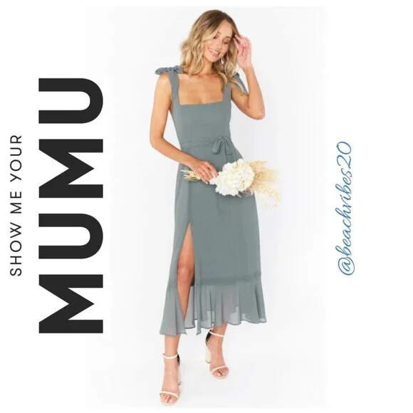 knee length dresses for ladies Claire Midi Dress, in Moss Green Luxe Satin, Size: Xs | Show Me Your Mumu main image 1